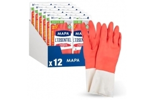 Mapa Spontex - L'Essentiel - 24 Gants de Ménage en Latex intérieur Fibres de Coton - Sensibilité et Flexibilité - Revêtement antidérapant - 12 pack de 2 paires - Taille M