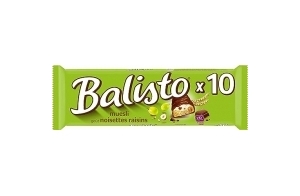 BALISTO - Barres chocolat et biscuit céréales, lait, noisettes et raisins - 10 sachets de 18,5g - 185g