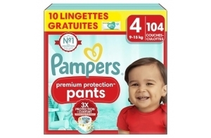 Pampers Premium Protection Pants Taille 4, 104 Couches, 9-15kg, Avec Maintien 360° et Matières Ultra-Douces Pour Notre Meilleur Confort Et Protection + 10 Lingettes Harmonie Aqua Gratuites