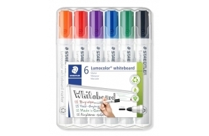 Staedtler Lumocolor 351, Marqueurs pour tableau blanc effaçables à sec, Sans xylène ni toluène et quasi-inodore, Pointe ogive de 2 mm, Étui chevalet avec 6 couleurs assorties, 351 WP6