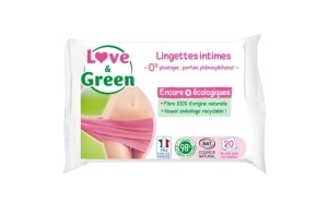 Love & Green Lingettes Intimes APAISANTES écologiques - Paquet de 20 Lingettes - Certifiée Cosmo Natural par ECOCERT et FSC