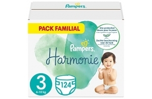 Pampers Couches Taille 3 (6-10 kg), Harmonie, 124 Couches Bébé (Lot de 4 x 31), 0% de compromis, 100% d'absorption, Ingrédients d'origine végétale, Hypoallergéniques