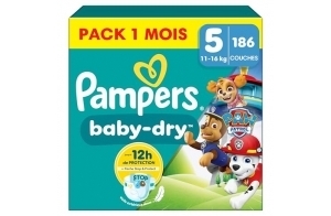 Pampers Baby-Dry, Taille 5, 186 Couches, 11-16kg, A La Rescousse Contre Les Fuites Grâce A Une Protection Intégrale Jusqu'à 12h, Edition Limitée avec La Pat’Patrouille, Pack 1 Mois