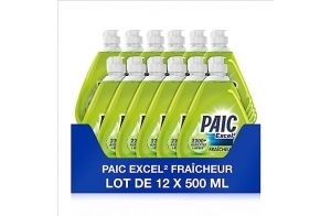 PAIC - Liquide Vaisselle main Paic - Paic Excel² Anti-Odeurs Parfum Intense - Formule Active à Froid - Ultra-Dégraissant - Anti Odeurs - 12 x 500 ml