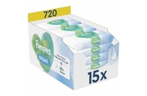 Pampers Harmonie Aqua, 720 Lingettes pour Bébé (15x48), Sans Platisque, Certifié OEKO-TEX, Protection De La Peau Délicate Avec 99% D’Eau, Aide à restaurer le pH naturel de la peau