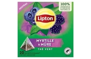 Lipton, Thé Vert, Thé Vert Aromatisé, Infusion à Froid ou Chaud, Goût Myrtille & Mure, Bien Etre, Ingrédients d'Origine 100% Naturelle, 20 Sachets Pyramid