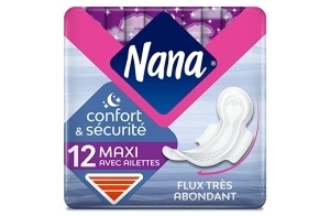 Nana Maxi Goodnight x12 - Serviettes Hygiéniques Nuit avec Ailettes - Serviettes Hygiéniques Flux très Abondant