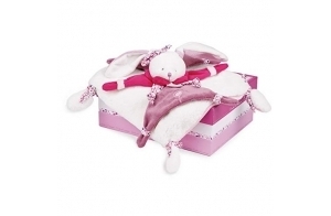 Doudou et Compagnie - Doudou Plat - Lapin Cerise Rose et Blanc - Boite Cadeau - 17 Cm - Idée Cadeau de Naissance Fille - Garantie Doudou Perdu - DC2703