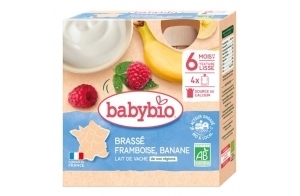 Babybio Lait de vache français - Gourdes Brassé Framboise Banane 4x85 g - 6+ Mois - BIO