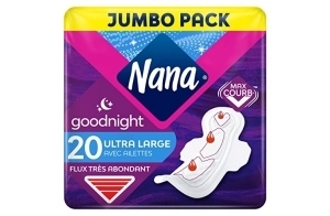 Nana Ultra Goodnight Large Serviettes Hygiéniques Avec Ailettes - Flux Très Abondants - 20 Serviettes En Pochette Individuelle