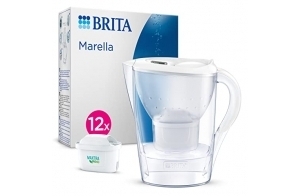 BRITA Carafe Filtrante Marella Blanche (2,4l) incl 12 cartouches filtre eau robinet MAXTRA PRO All-in-1 réduit PFAS,calcaire, chlore, certaines impuretés et métaux indicateur temporel, éco-emballage