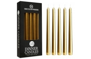 DECO EXPRESS Lot Bougies Effilées, Lot de 6, 10, 15 ou 50, Non Coulantes - Bougies Longue Durée de 8 H, Sans Parfum (Doré - Lot de 15)