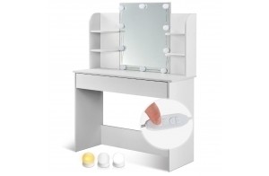 Juskys Coiffeuse Bella avec éclairage LED, Miroir, tiroir et 4 étagères, Coiffeuse cosmétique (Blanc) (108x40x140cm)