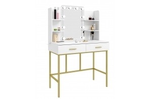 WOLTU Table de Maquillage Meuble Coiffeuse avec Miroir et LED Meuble de Maquillage en Bois et Métal avec 4 Étagères de Rangement et 2 Tiroirs, Style Moderne, Blanc et Or 90x45x136cm MB6077ws