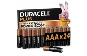 DURACELL Plus Piles AAA (Lot de 24) – Piles Alcalines 1,5 V–Durent jusqu’à 100 % plus longtemps grâce aux Actifs POWER BOOST–Fiable pour vos Appareils du Quotidien–Emballage 0 % Plastique– MN2400