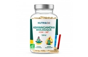 NUTRI & CO Ashwagandha Bio KSM-66® - Dosage Clinique 600mg - Extrat Fort 5% Withanolides - 120 gélules Vegan - Anti Stress Naturel - Aide Sommeil & Musculation - Extrait 100% Pur - Fabriqué en France