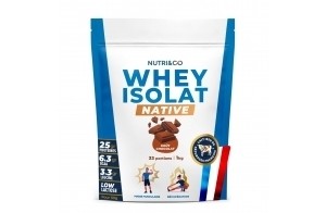 NUTRI & CO Whey Isolate Native - Jusqu’à 94% de Protéines - Pur Lait Français Low Lactose Digestion Facile - Riche en BCAA - Prise de Masse & Musculation - 1kg 33 portions goût Chocolat