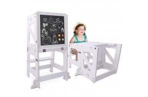 YOLEO Tour d'apprentissage Transformable, Pliable, Tour d'observation pour Enfants Montessori Learning Bois Naturel Kitchen Helper avec Tableau Noir et Blanc,Table et Chaise pour Enfant