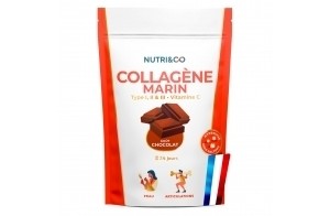 NUTRI & CO Collagène Marin Bio-disponible Types 1 2 3 + Vit C - Peau & Articulations - 5500mg de Collagène Hydrolysé Breveté par Portion - Peptides en Poudre Goût Chocolat 240g - Fabriqué en France