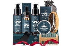 Kit Soins Barbe Homm, Oukzon 10 en 1 Coffret Cadeau Pousse Barbe Complet Professionnel avec Shampoing barbe, Conditionneur, Huile Barbe, Baume, Barbe Peigne, Brosse, Ciseaux, Peigne Pochoir Sac Voyage