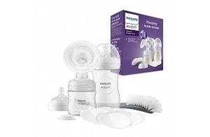 Philips Avent Kit allaitement avec tire-lait manuel simple, coussin souple et adaptatif, biberons de 260 ml et 125 ml, sans BPA, 4 coussinets d'allaitement jetables (Modèle SCD430/60)