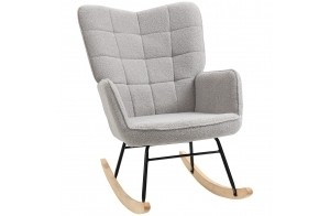 HOMCOM Fauteuil à Bascule, Rocking Chair, revêtement en Imitation Cachemire, Fauteuil Allaitement, Chaise à basule, Structure en Acier, Pieds en Bois Massif, Gris Clair