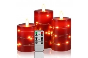 Bougies LED Angle de vision de 360 ​​degrés, avec guirlandes lumineuses étoilées, lot de 3 bougies LED, avec télécommande à 10 touches, fonction minuterie 24 heures, flamme dansante (Rouge).