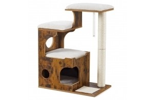 FEANDREA Arbre à Chat, Hauteur 86 cm, 3 Plate-Formes et 1 Niche, Panneau MDF, Poteau en Sisal, Tissu Peluche Lavable, Style Vintage, Marron Rustique et Blanc PCT70HW