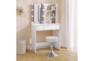 WOLTU Coiffeuse avec Miroir LED, Lumière Réglable, Table de Maquillage avec Tabouret Rembourré, Réglable en Hauteur, Meuble Cahmbre avec Tiroir et Étagères Ouvertes, Blanc, MB6113ws