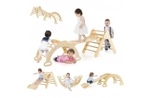 GOPLUS 7 en 1 Triangle Arche Montessori, Arche d'escalade Enfants avec Toboggan Bois,Rampe, Échelle Réglable, Charge 50KG, pour Tout-Petits Bébé 1 Ans+(Naturel)