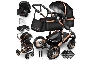 KIDUKU® Poussette Combinée 3 en 1 | Trio pour Enfants | Siége Auto Légère, Piable | Nacelle Souple Convertible | Set de Voyage (Noir/Champagne)