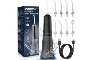 VIMMK Jet Dentaire Hydropulseur et Irrigateurs Oral avec 5 Modes de Pression d'eau et 8 Embouts Remplaçables, Rechargeable et Étanche IPX7, Réservoir 300ML (Noir)