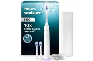 Philips Sonicare 6100 - Brosse à dents électrique sonique avec 2 modes de brossage, 3 niveaux d'intensité, Alerte de pression, EasyStart, Coffret de voyage, Blanc, HX7400/02 [Nouvelle technologie]