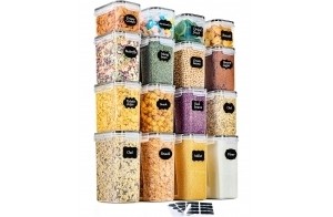 GoMaihe Boite de Rangement Cuisine Lot de 16, Bocaux Hermetiques Alimentaires en Plastique Scellée avec Couvercle, Pour Stocker les Cereales, Pâtes, Farine, Nourriture pour Animaux de Compagnie