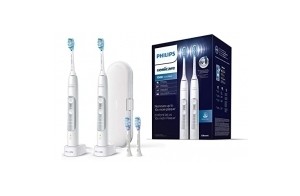 Philips Sonicare ExpertClean 7300 Lot de 2 brosses à dents électriques avec technologie sonique, contrôle de pression, étui de voyage - Blanc et Blanc, 2 Unité (Lot de 1) (modèle HX9611/19)