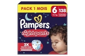 Pampers Night Pants, Taille 6, 138 Couches, 15kg+, Maintien 360° Contre Les Fuites Avec Un Cœur Super Absorbant Pour Une Protection Renforcée Toute La Nuit, Pack 1 Mois