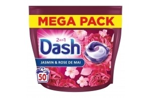 Dash 2en1 PODS Jasmin et Rose de Mai, 50 Lavages, Lessive Capsules 3-en-1, 3 Semaines de Fraîcheur avec Lenor, Notes Florales et Baies Rouges, Efficace en Cycle Froid, Fabriquée en France
