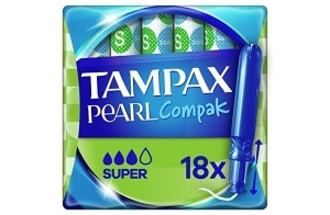 Tampax Compak Pearl, Super, 18 Tampons Avec Applicateur, Flux Moyens à Abondants, Triple Confort avec Applicateur doux, MotionFit, Voile Douceur, Certifié Oeko-Tex